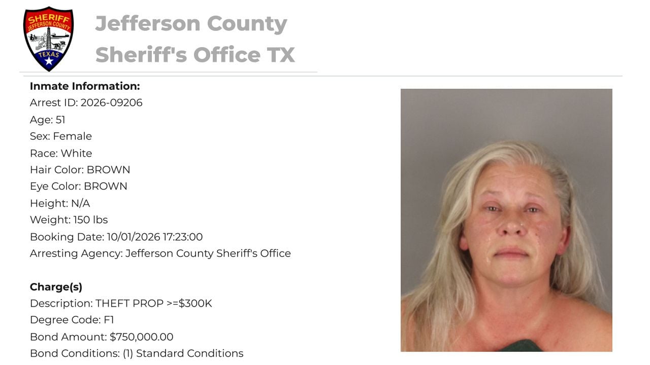 Jefferson County Sheriff's Office booking record showing Thalia Powers' photograph, October 1, 2026 booking date, first-degree theft allegation and $750,000 bond.