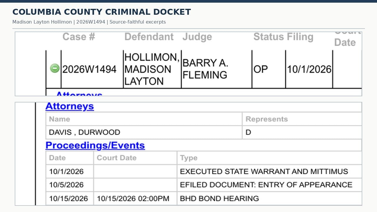 Columbia County criminal docket excerpt showing case 2026W1494, Madison Layton Hollimon, an October 1 warrant entry, attorney Durwood Davis and an October 15 bond hearing.
