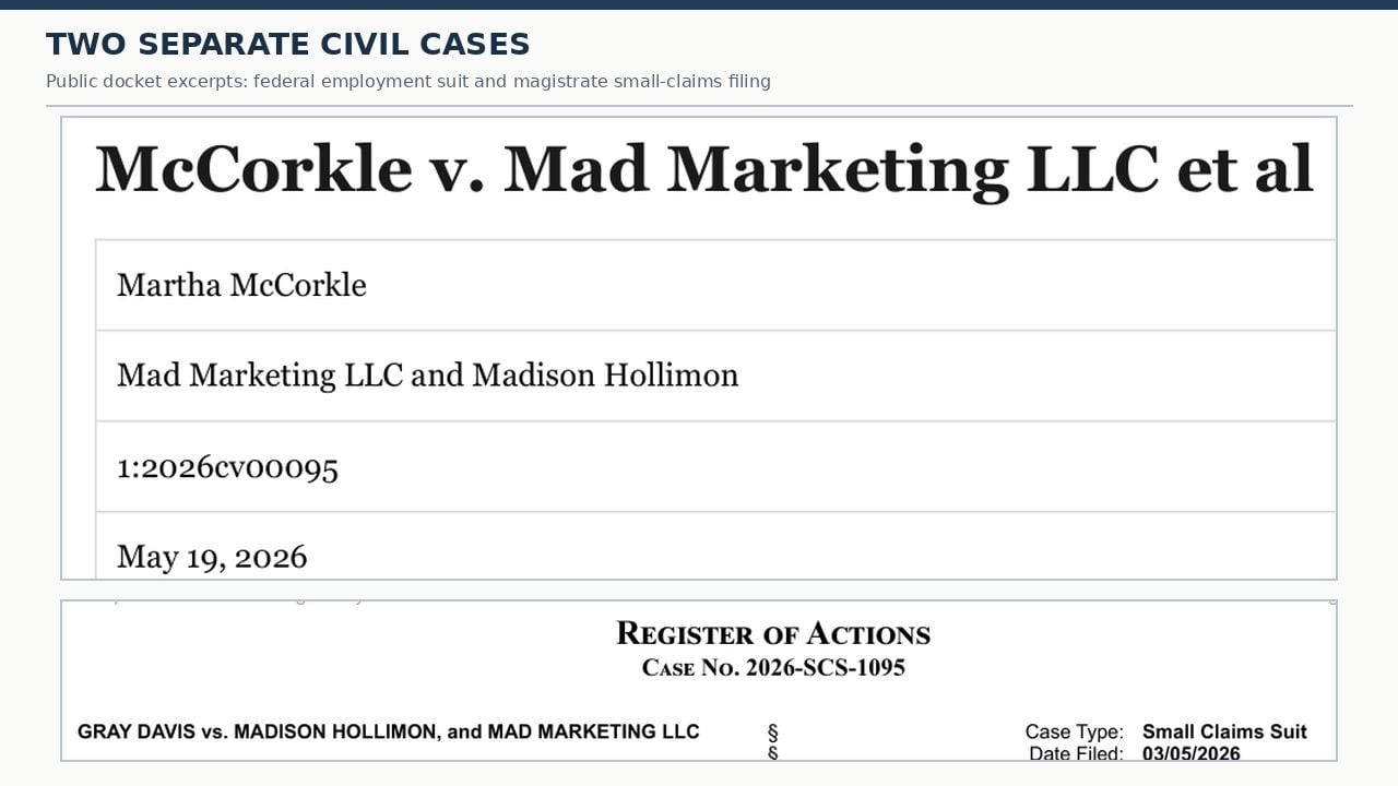 Two court docket excerpts showing McCorkle v. Mad Marketing LLC, filed May 19, 2026, and Gray Davis v. Madison Hollimon and Mad Marketing LLC, filed March 5, 2026.