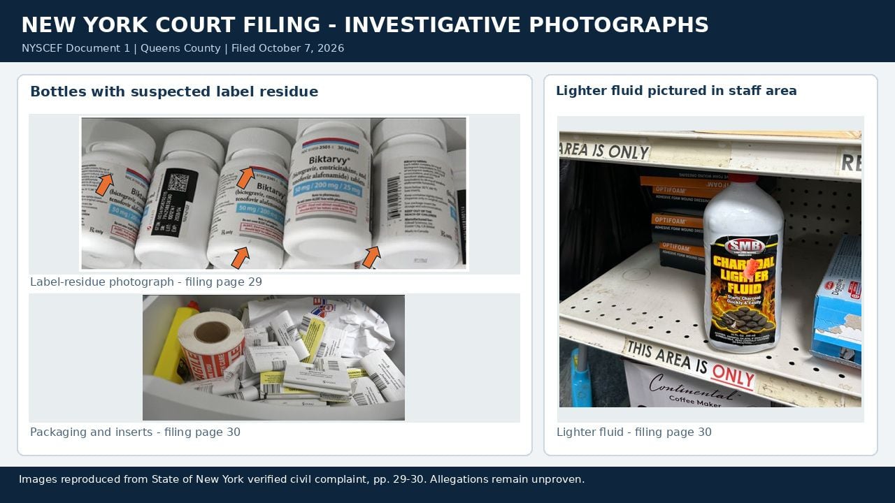 Court evidence photographs showing medication bottles with orange arrows marking suspected label residue, lighter fluid and prescription packaging materials.