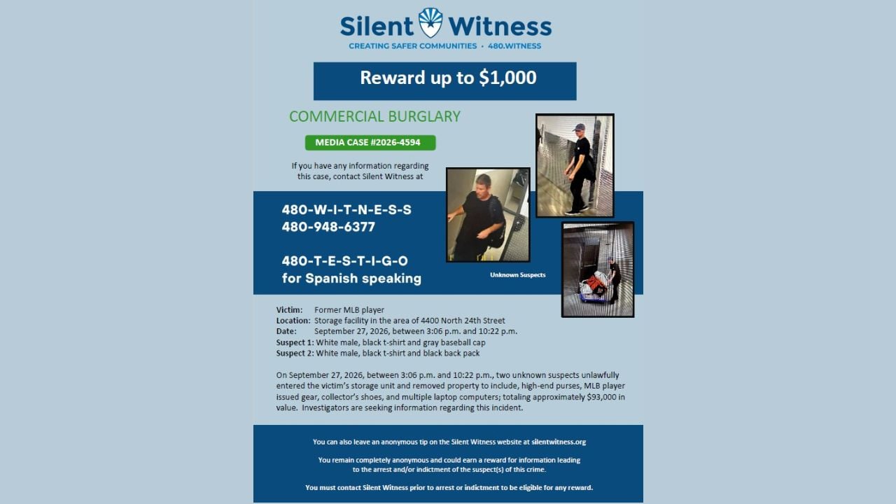 Surveillance photographs of two men sought by Phoenix police following a September 2026 storage-facility burglary.