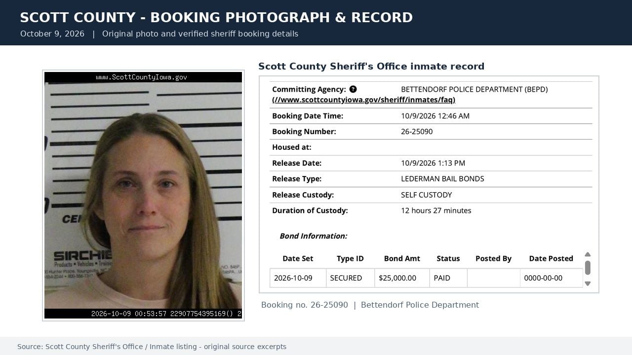 Scott County Jail booking photograph of Amanda Nicole Tincher beside an official inmate record showing her booking and bond information.