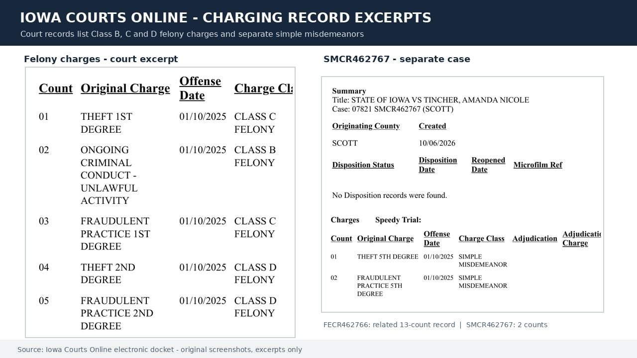 Iowa court docket excerpts showing first-degree theft, Class B ongoing criminal conduct and other felony charges alongside a separate misdemeanor case.