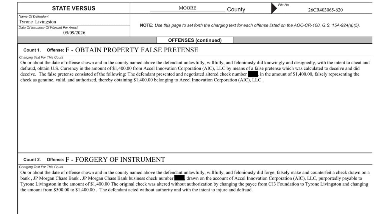Arrest warrant excerpt showing allegations involving a $500 foundation check altered to $1,400.