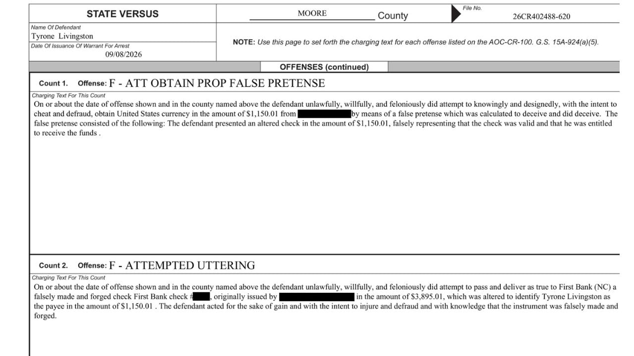 Court warrant excerpt identifying attempted false pretenses and attempted uttering involving an altered check.