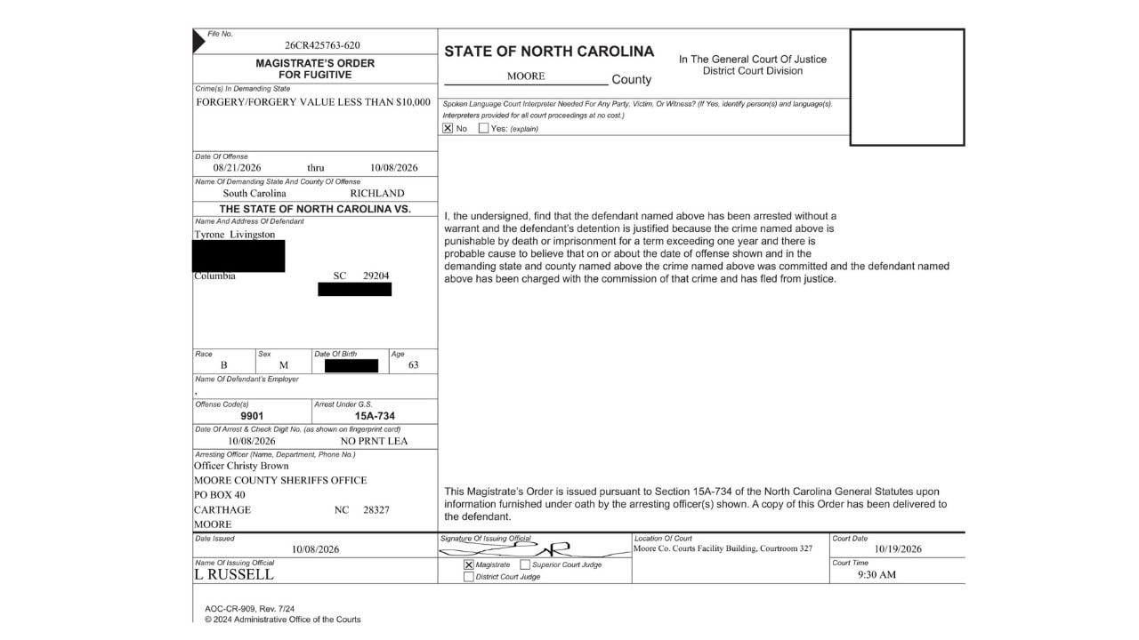 October 8 magistrate's order identifying a Richland County, South Carolina, forgery allegation involving Tyrone Livingston.