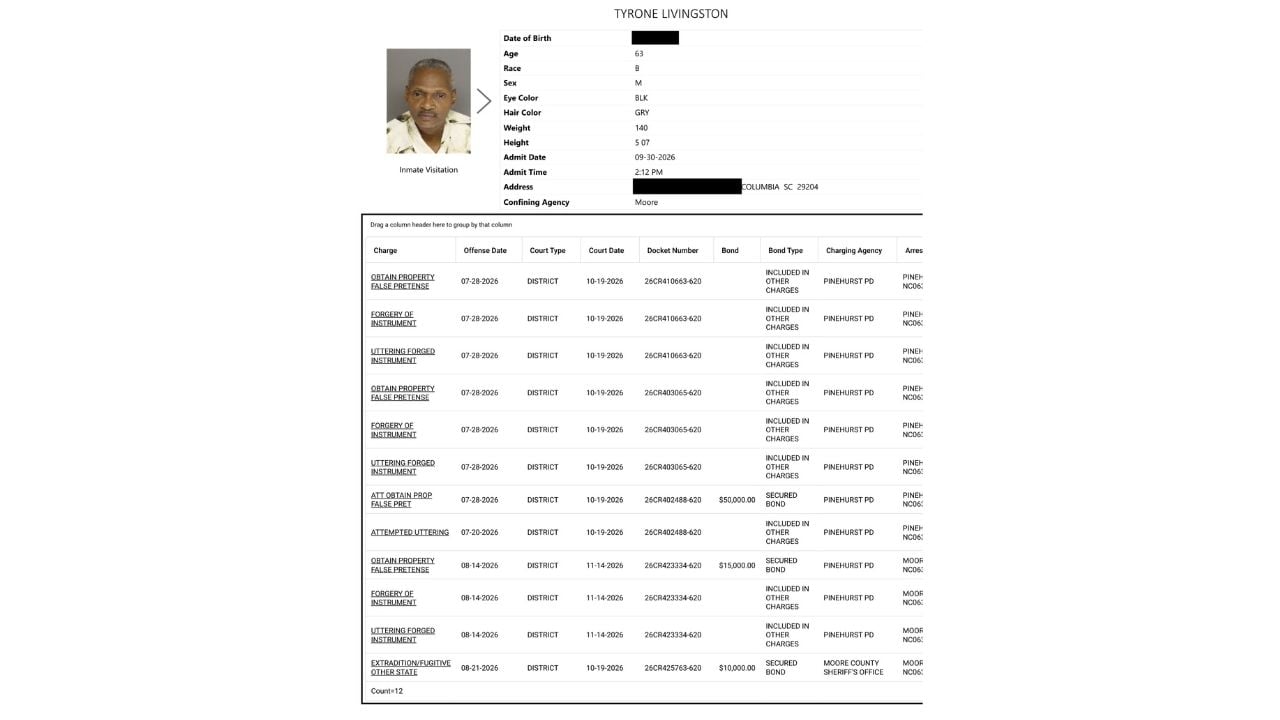 Detention center inmate record for Tyrone Livingston showing charge entries, docket numbers and three secured bond amounts.