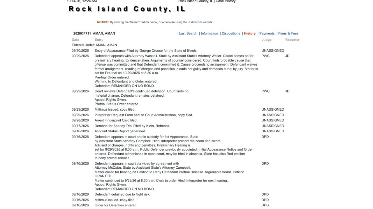 Rock Island County case 2026CF711 court history showing the September 16 detention order and September 29 not-guilty plea, with an October 29 pretrial hearing scheduled.