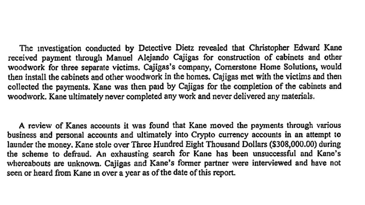 Investigative affidavit excerpt explaining how homeowner payments moved from Cornerstone Home Solutions to Christopher Edward Kane for cabinet work.