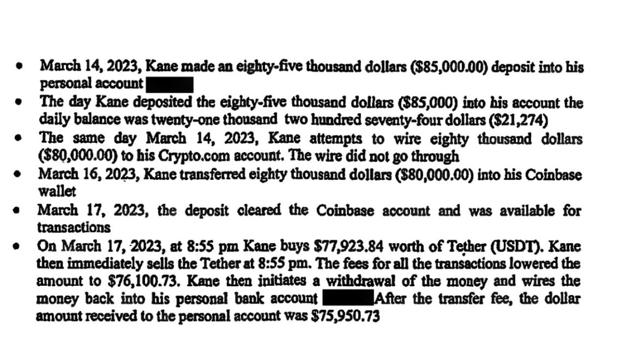 Court affidavit excerpt listing an $85,000 deposit, subsequent $80,000 Coinbase transfer and purchase of Tether cryptocurrency.