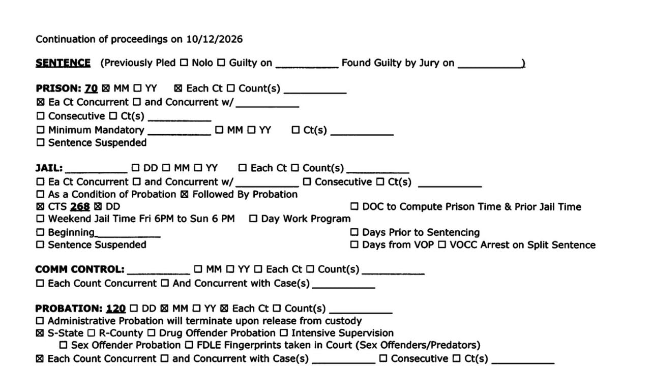 Sentencing minutes showing concurrent 70-month prison terms followed by 120 months of probation.