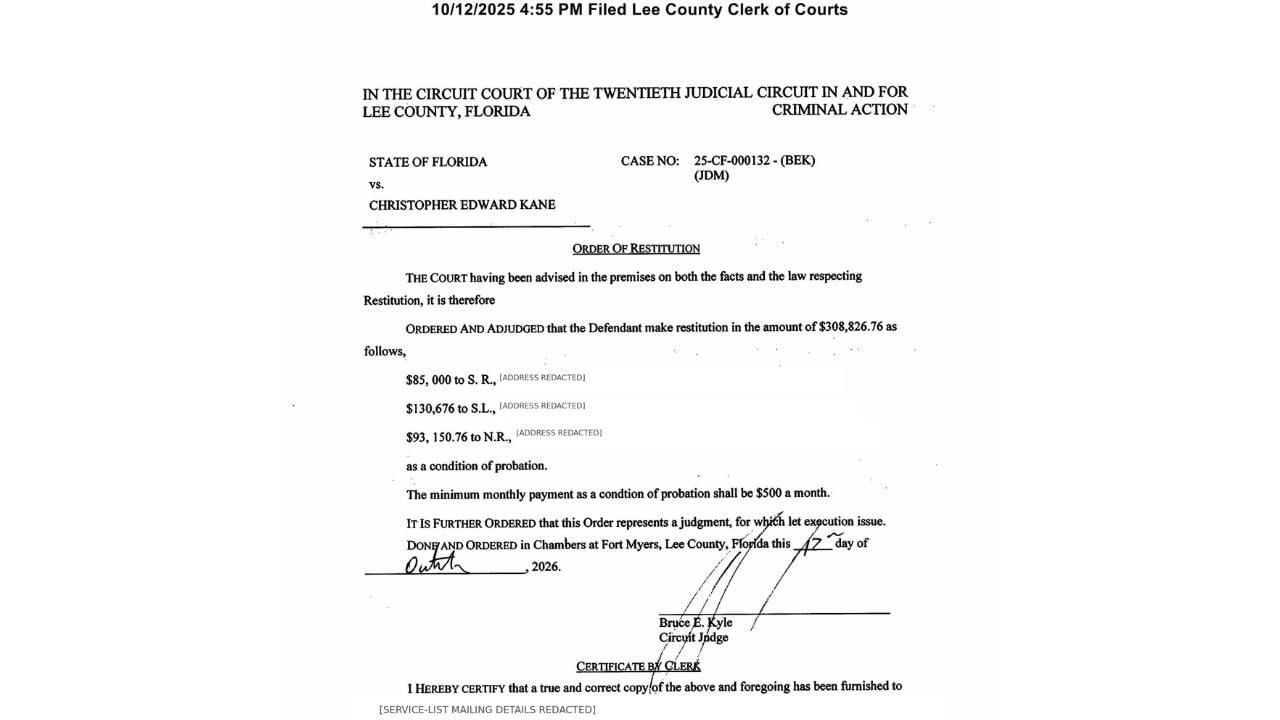 Lee County restitution order listing $85,000, $130,676 and $93,150.76, with a $500 monthly minimum during probation.