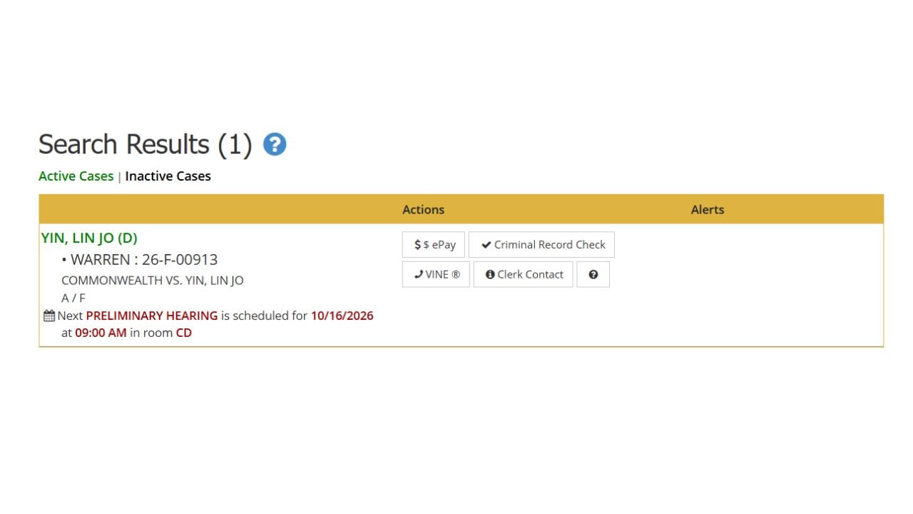 CourtNet case search result for Lin Jo Yin showing case 26-F-00913 and a scheduled October 16 preliminary hearing.