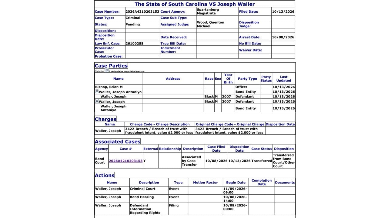 Spartanburg County court record showing Joseph Waller's breach-of-trust charge, case 2026A4210203153, pending status and November 9 court event.