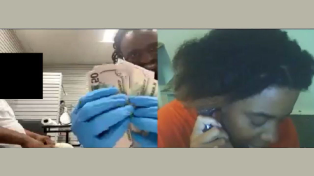 Trial image showing Luis Pino-Copete displaying cash while speaking with Jael Watts during her incarceration