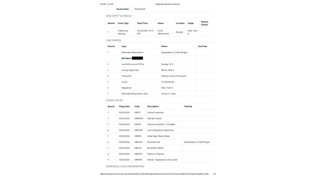 Raleigh County Magistrate Court record listing Chad Morgan Quesenberry's Oct. 16, 2026 preliminary hearing at 10:15 a.m. and recent docket entries"