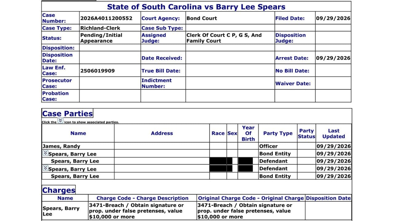 Richland County court record showing a false-pretenses charge against Barry Lee Spears involving $10,000 or more