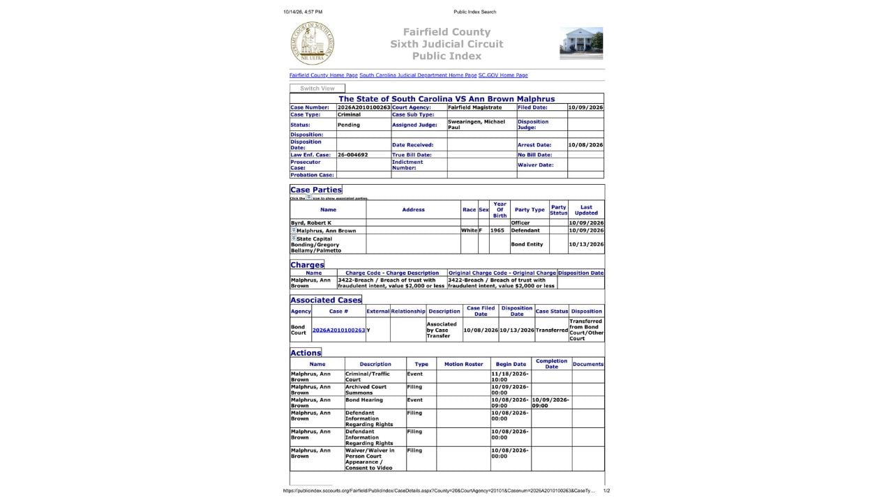 Fairfield County court record for Ann Brown Malphrus, case 2026A2010100263, showing the pending misdemeanor and November 18 hearing.