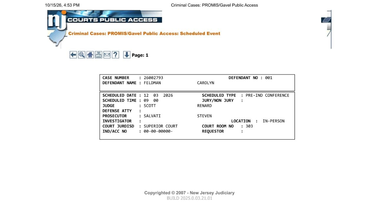 New Jersey Superior Court scheduled-event record showing Carolyn Feldman's December 3, 2026 pre-indictment conference.