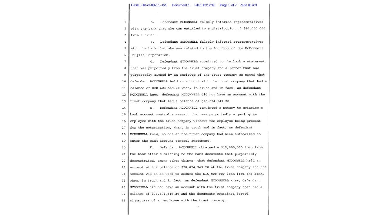 Page 3 of the December 12, 2018 federal indictment against Mary Carole McDonnell describing the alleged $80 million inheritance, $28.6 million trust balance and forged loan documents.