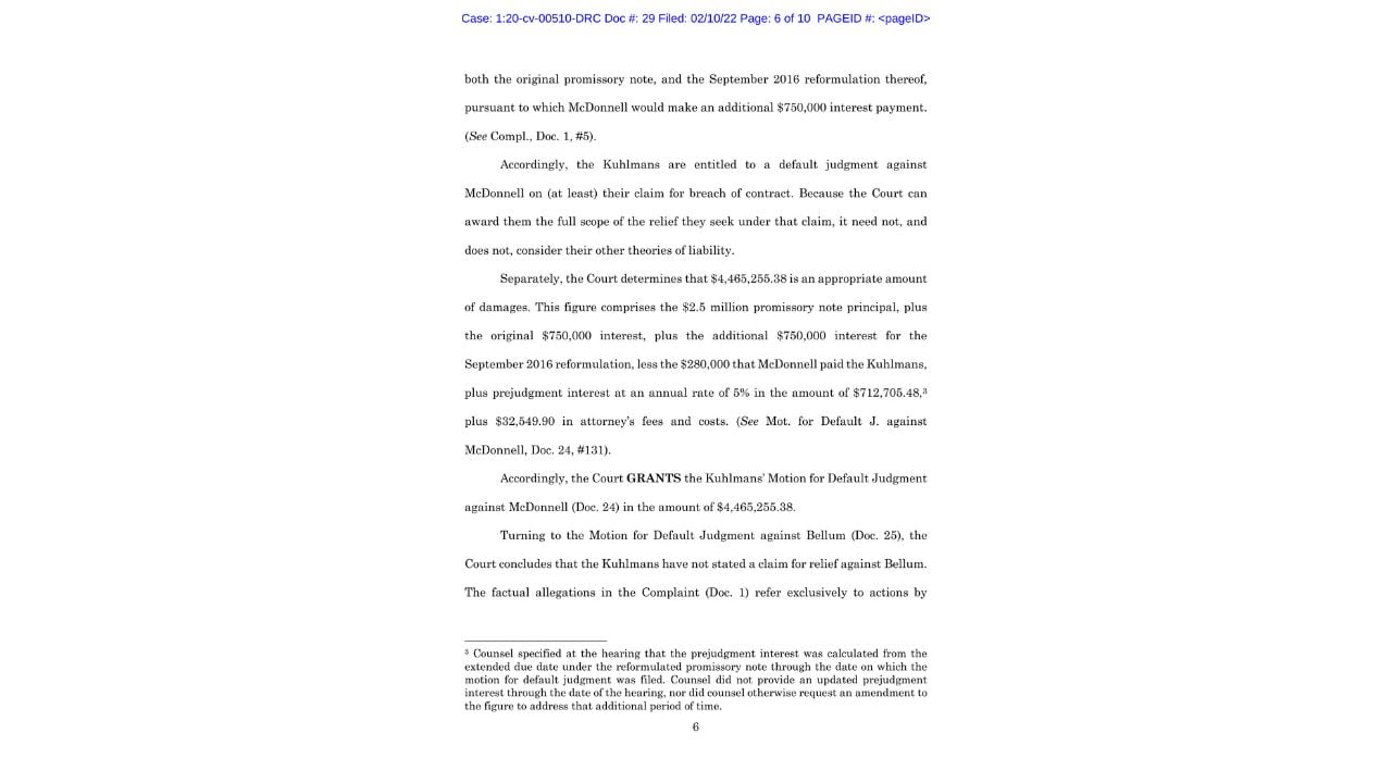 Federal court ruling calculating a $4,465,255.38 default judgment against Mary Carole McDonnell following a personal loan dispute.