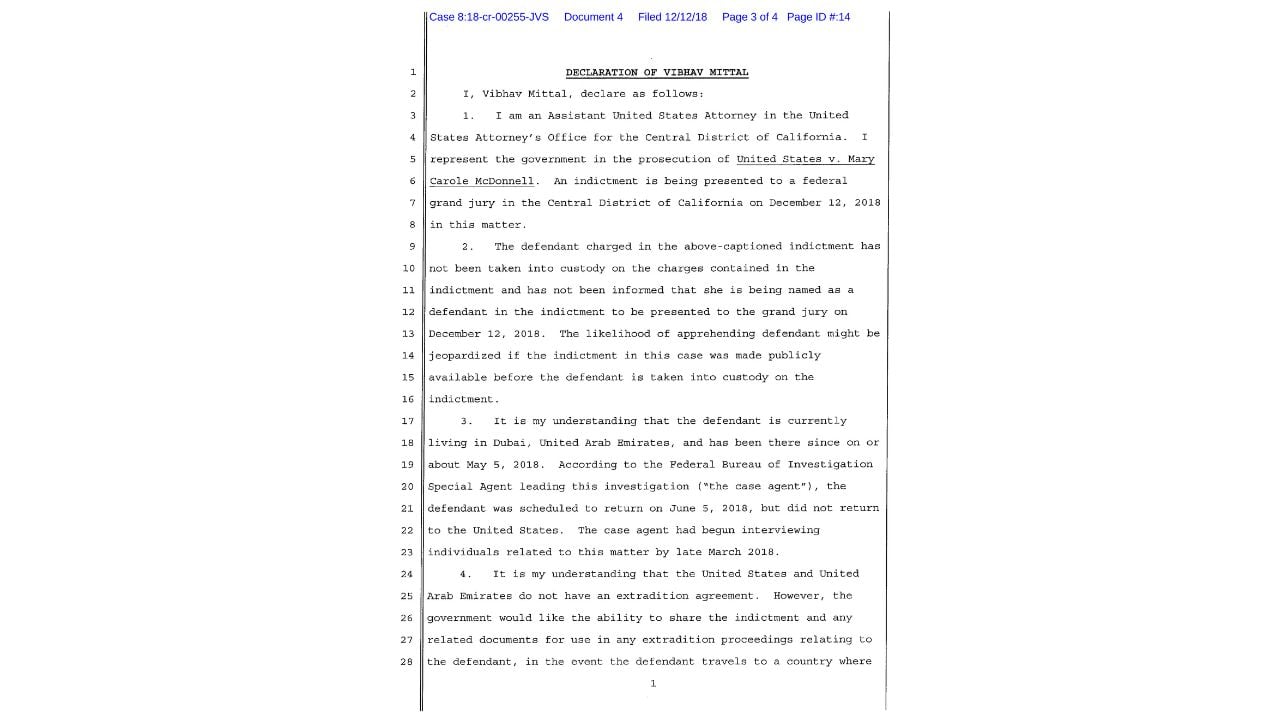Sworn declaration by Assistant U.S. Attorney Vibhav Mittal discussing investigators' belief that McDonnell was living in Dubai in 2018.