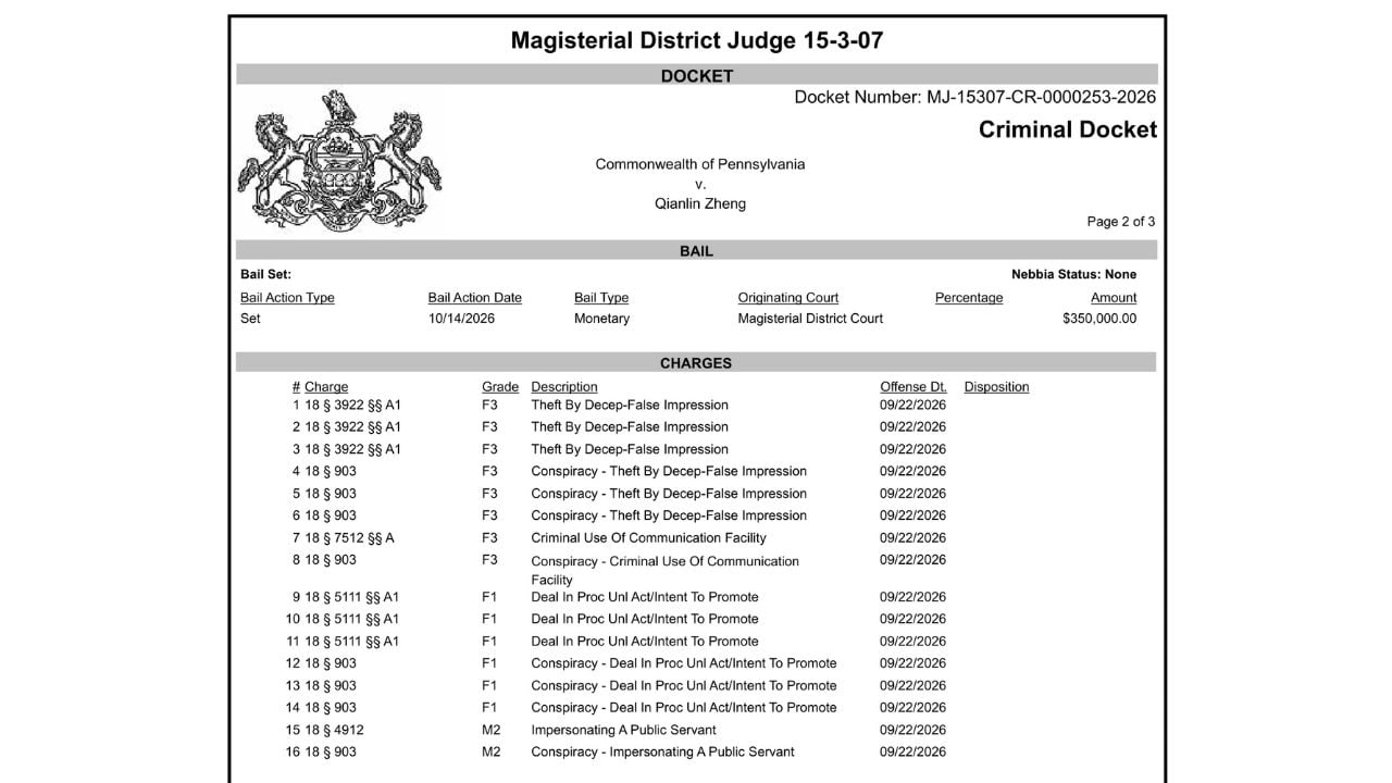 Pennsylvania criminal docket listing Zheng's 16 charges and $350,000 bail.