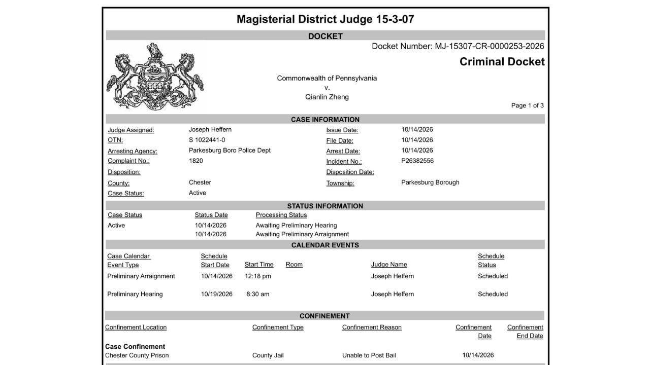 Pennsylvania court record showing Zheng's October 19 preliminary hearing and confinement status.