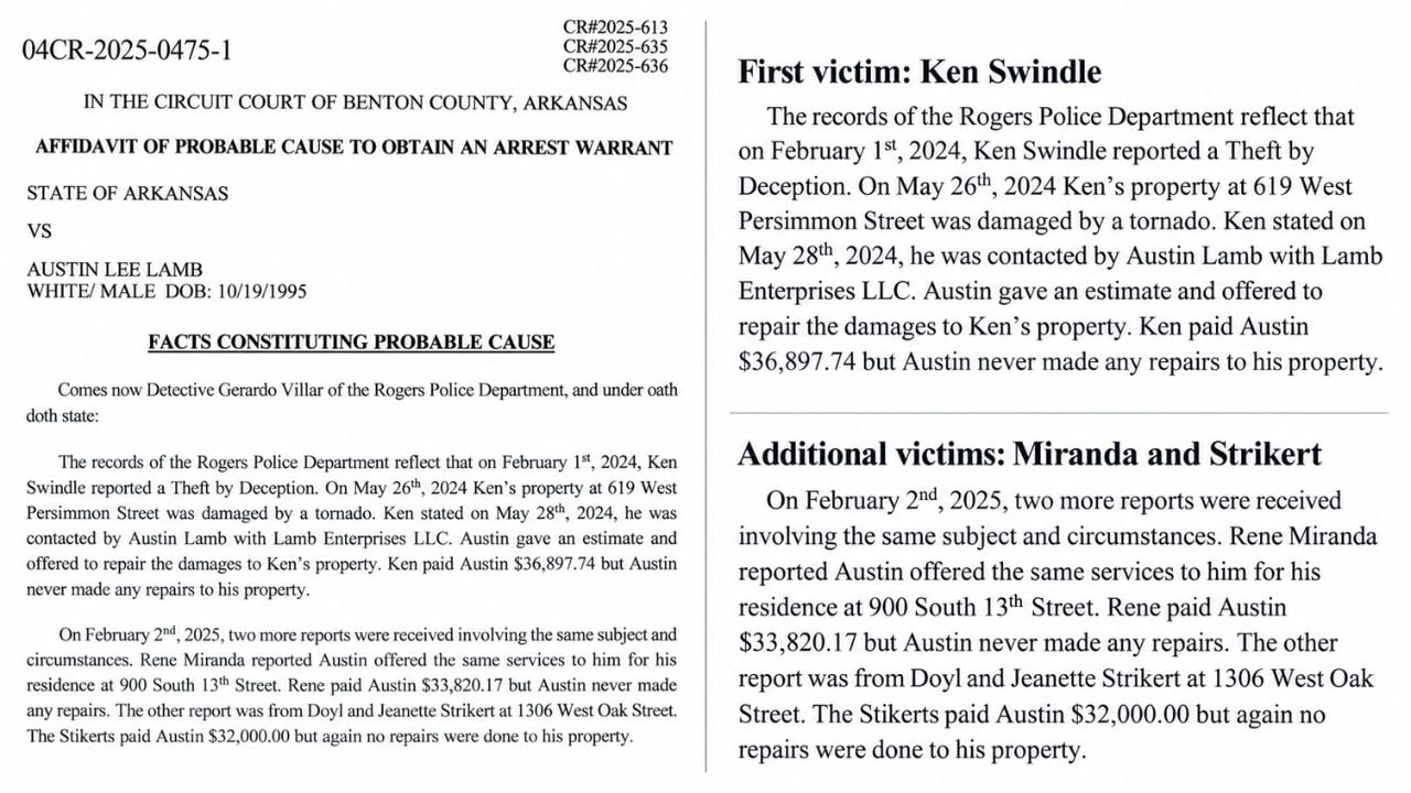 Rogers Police affidavit excerpts describing three tornado-repair payments and transfers between Austin Lamb's business and personal accounts.