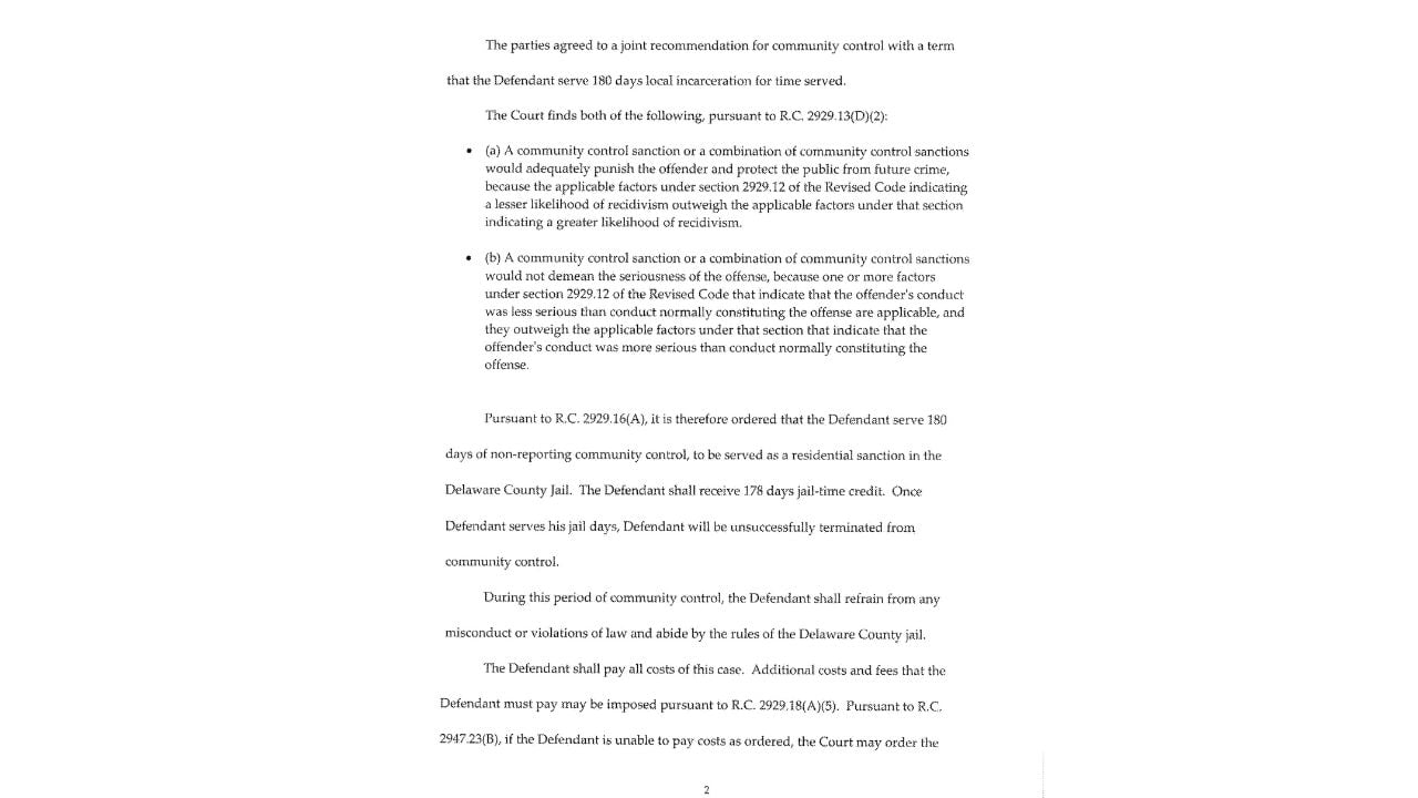 Page two of the Delaware County sentencing judgment specifying 180 days in the county jail and 178 days of jail-time credit.