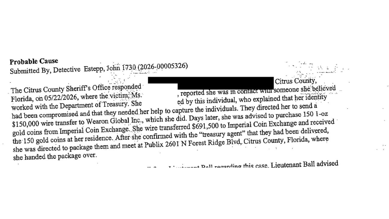 Redacted detective affidavit describing a $150,000 wire, $691,500 gold purchase and subsequent Publix handoff.