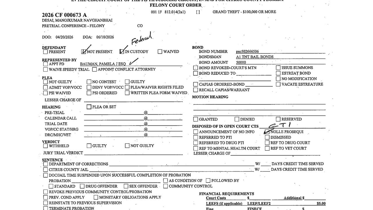 Excerpt of an October 7 Florida felony court order showing the nolle prosequi box marked in Manojkumar Desai's state grand-theft case.