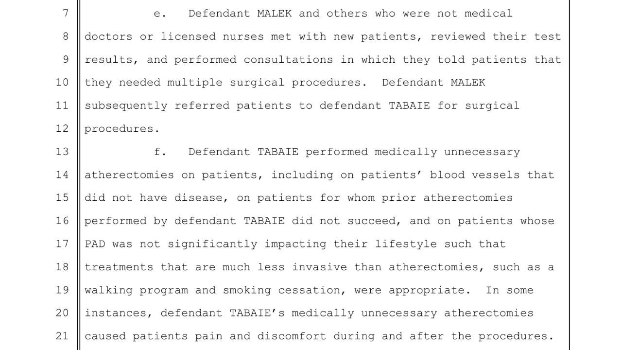 Federal indictment excerpt alleging unnecessary atherectomies performed by Harold Tabaie.