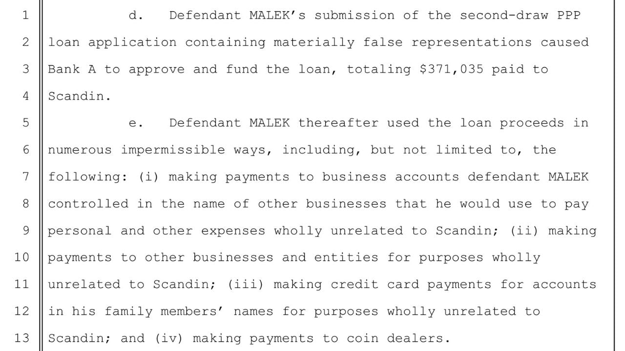 Federal indictment describing alleged misuse of a $371,035 PPP loan.