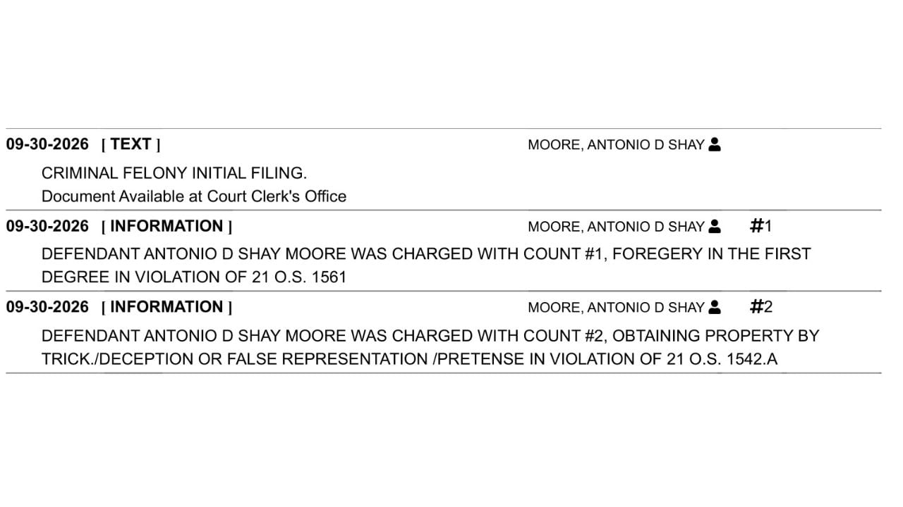 Oklahoma criminal docket excerpt listing first-degree forgery and obtaining property by deception charges against Antonio D Shay Moore.