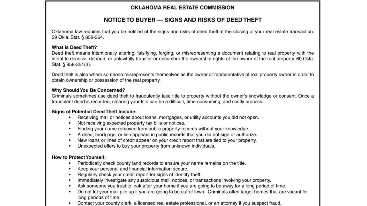 Oklahoma Real Estate Commission notice listing signs of deed theft and steps homeowners can take to protect their property.