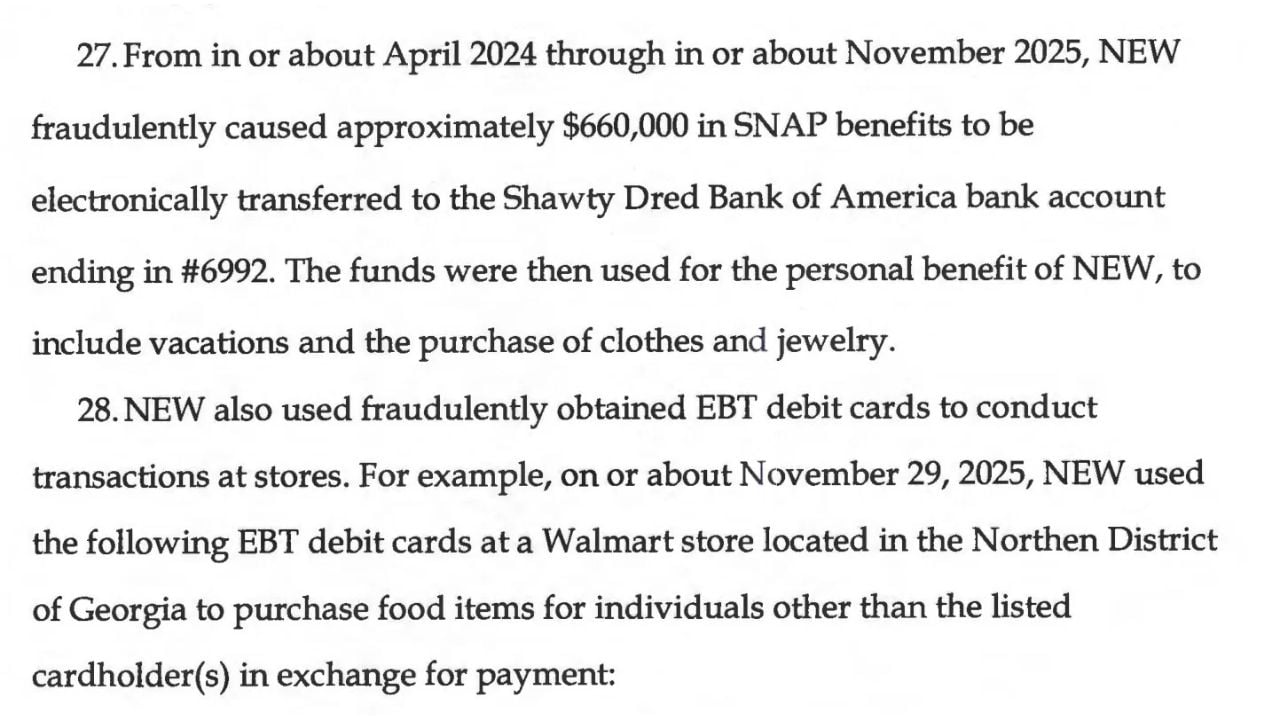 Federal indictment excerpt describing $660,000 in alleged SNAP transactions and the November 2025 Walmart incident.