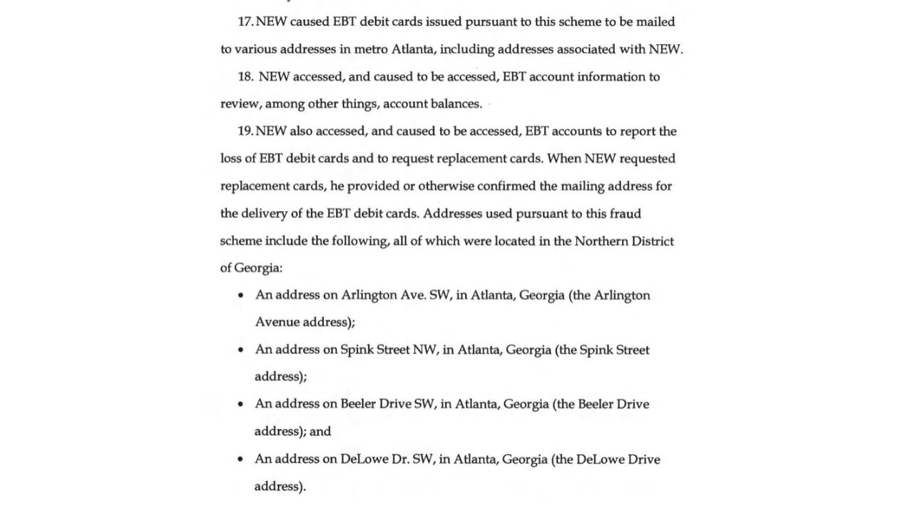 Federal court filing describing alleged requests for replacement EBT cards and their mailing addresses.