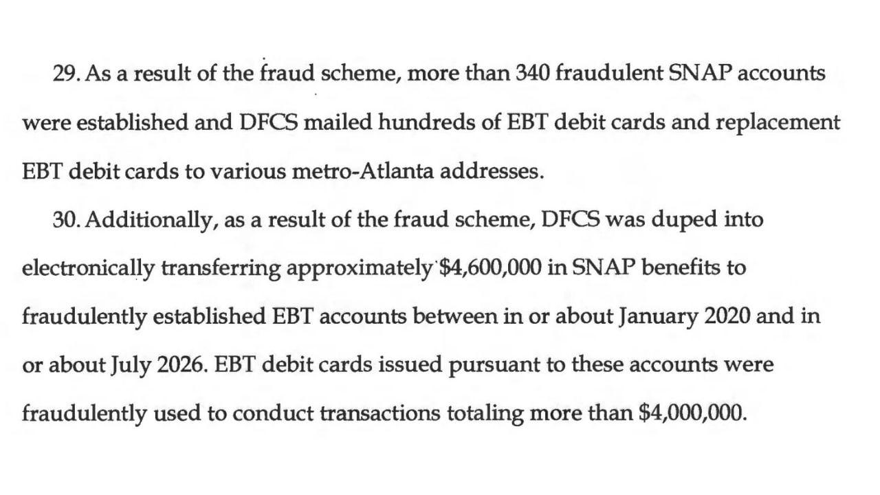 Federal indictment excerpt listing more than 340 fraudulent SNAP accounts, $4.6 million in allocated benefits and over $4 million in transactions.
