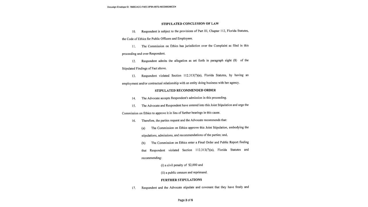 Ethics agreement identifying the conflict-of-interest violation and recommended sanctions.