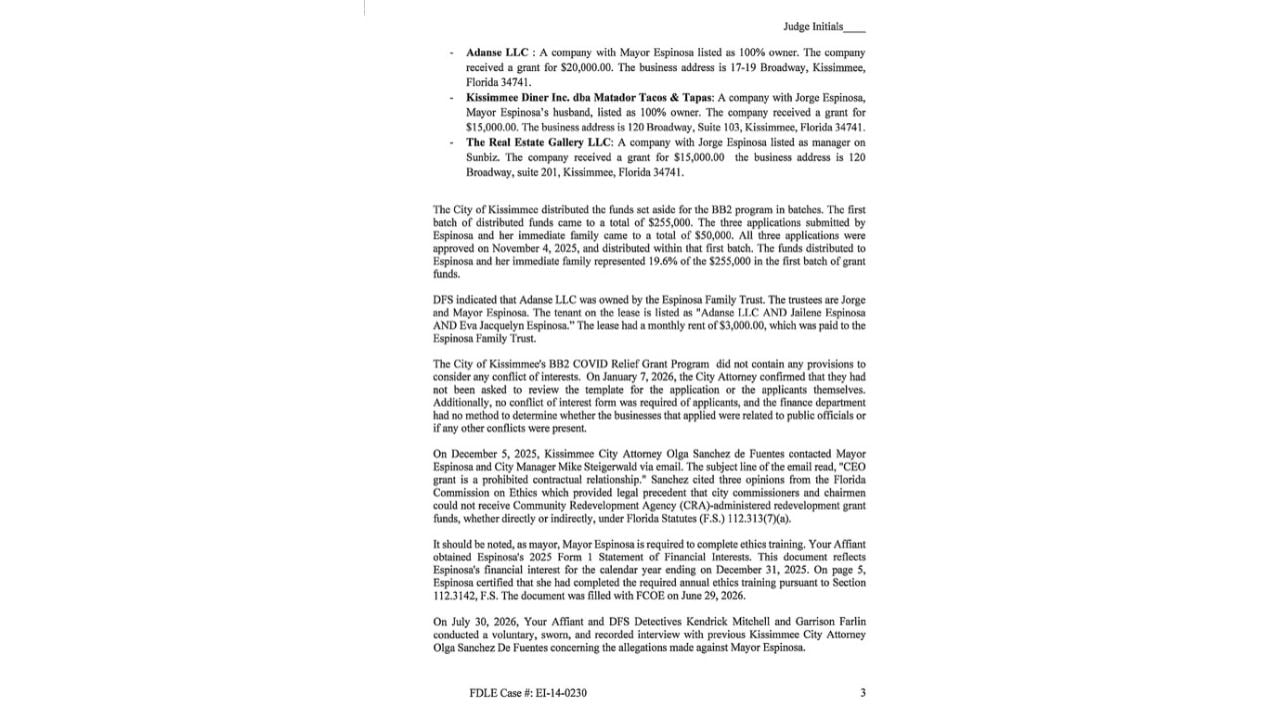 FDLE court affidavit identifying three Espinosa-connected businesses and their relief-grant amounts.
