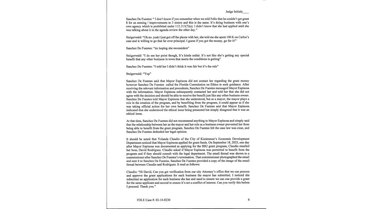 Arrest affidavit excerpt containing Yolanda Claudio's request for legal review of the mayor's grant applications.