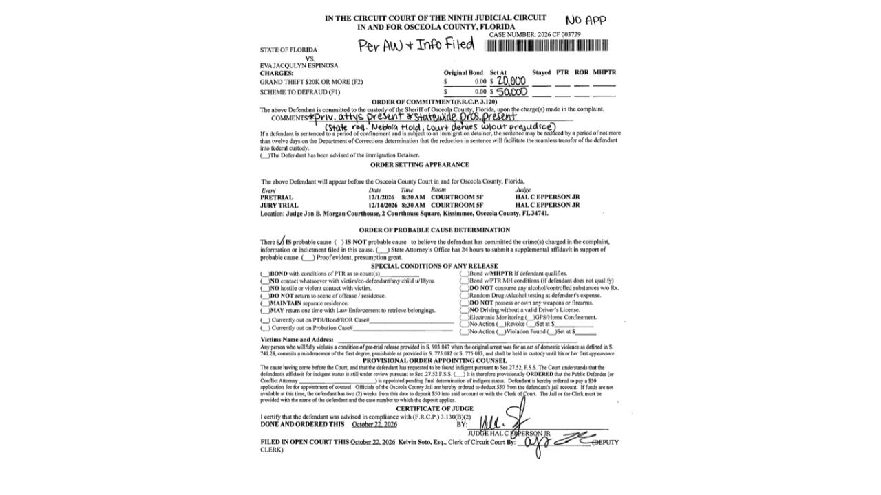 Signed Osceola County court order showing bond amounts for Jackie Espinosa's two felony charges.