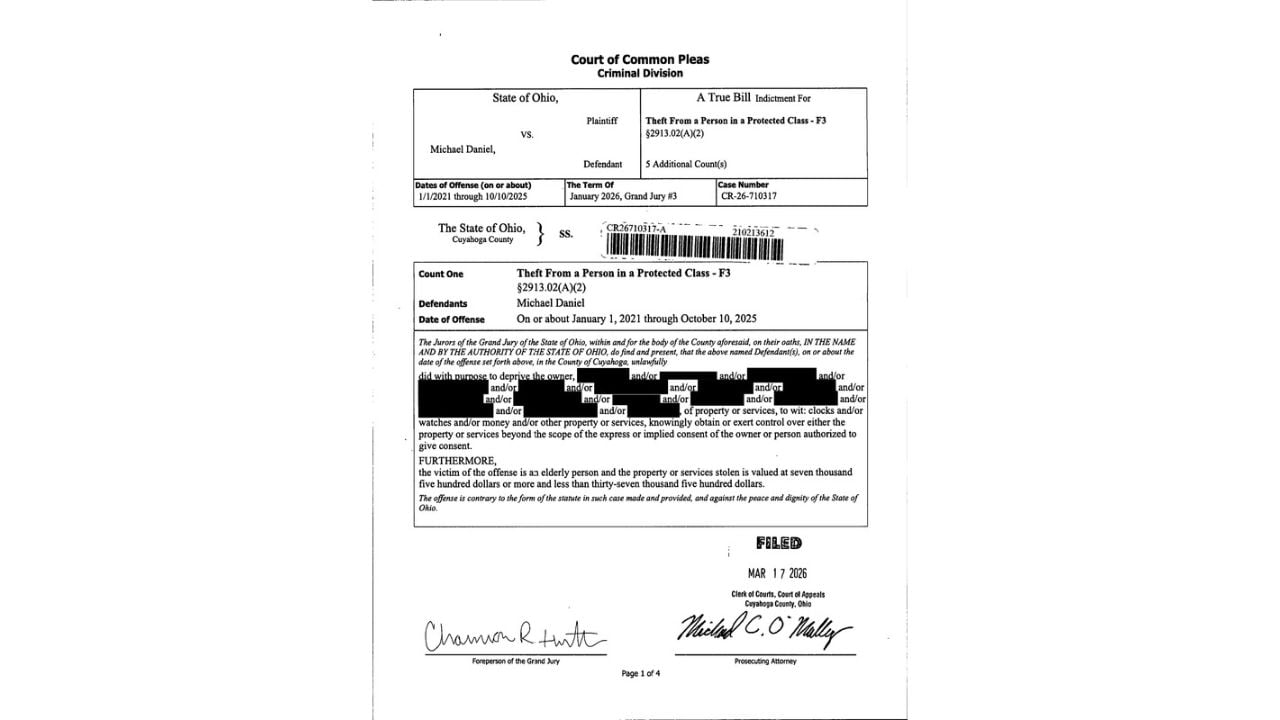 Indictment showing Michael Daniel's case number, original theft charge and March 17 filing date.