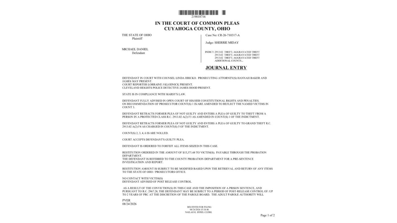 Court journal entry showing Michael Daniel's guilty pleas and the $15,371.68 restitution amount.