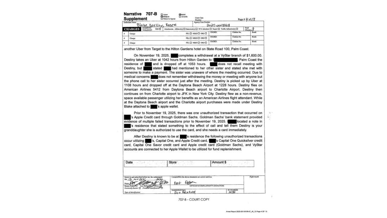Flagler County sworn complaint excerpt describing the alleged visit and instructions concerning a credit card.