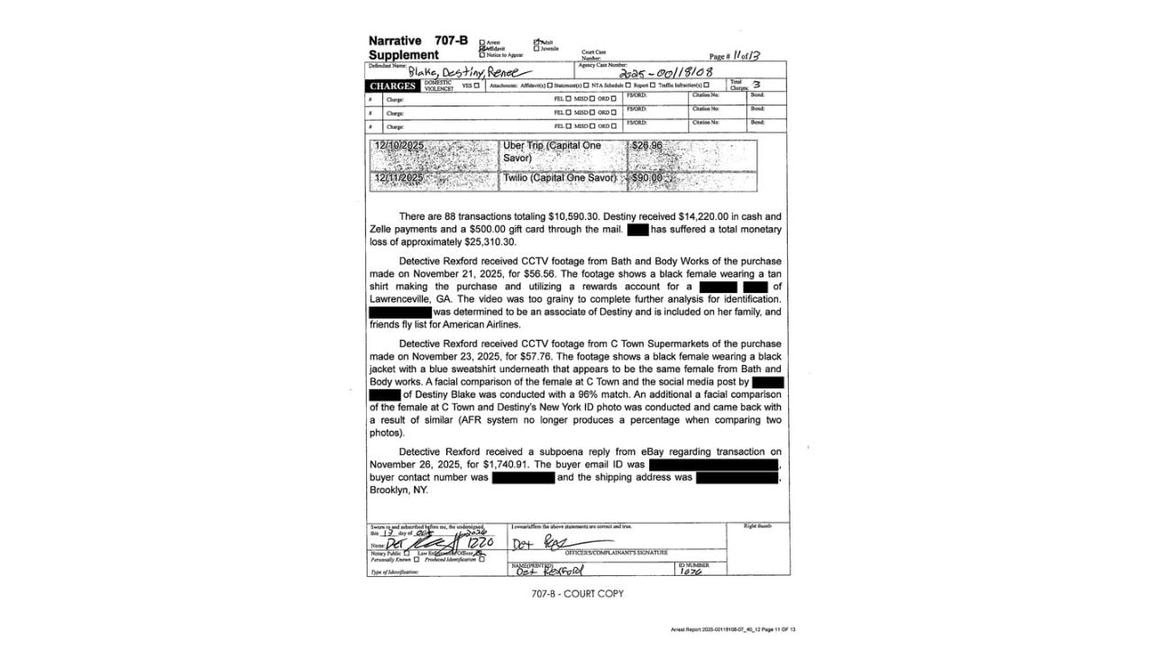 Sworn complaint excerpt listing 88 disputed transactions and approximately $25,310 in alleged losses.