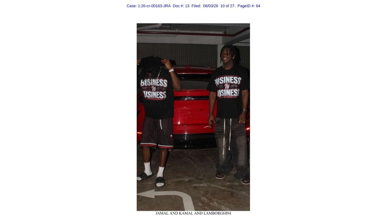 Two men standing in front of a red Lamborghini in a federal court exhibit.