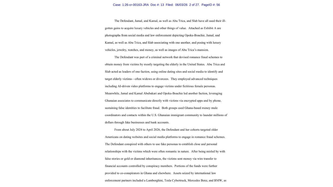 Federal detention memorandum describing alleged romance-fraud operations involving Ghanaian associates and multiple defendants.
