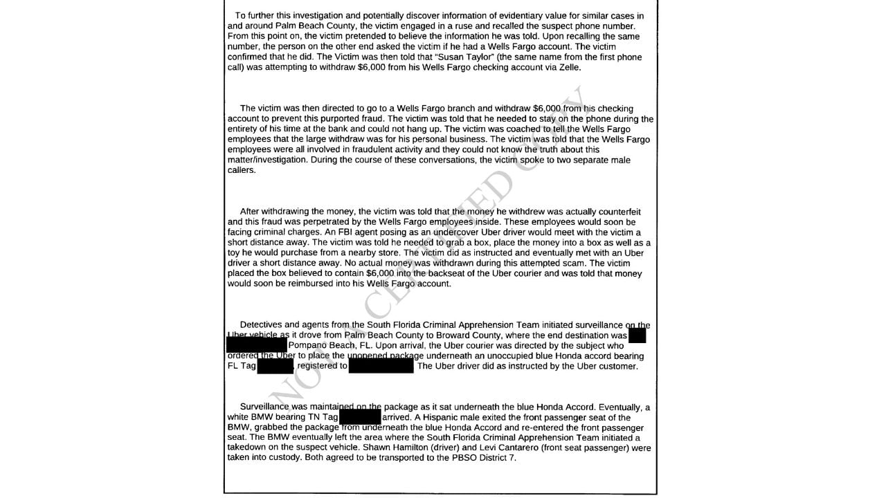 Page two of a Palm Beach probable cause affidavit explaining the alleged FBI courier impersonation and surveillance of an Uber package.